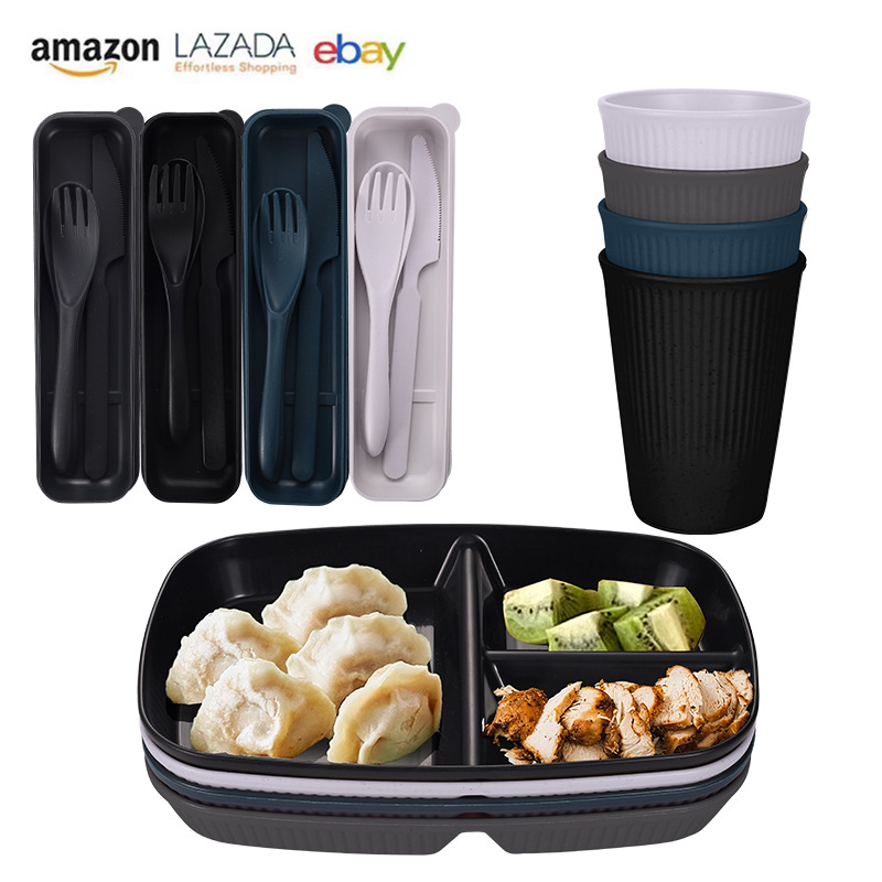 Cross-border Amazon black wheat straw 8-person set of bowls, plates, cups, tableware, knives, forks, spoons, portable tableware, outdoor set pic 3