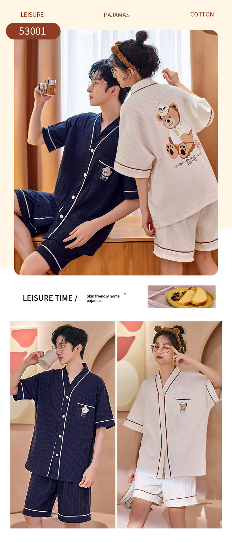 Chun baifen cute pareja pijama mujer de verano manga corta pantalones cortos cardigan hombre trajes casuales ropa casera usable exterior pic 23
