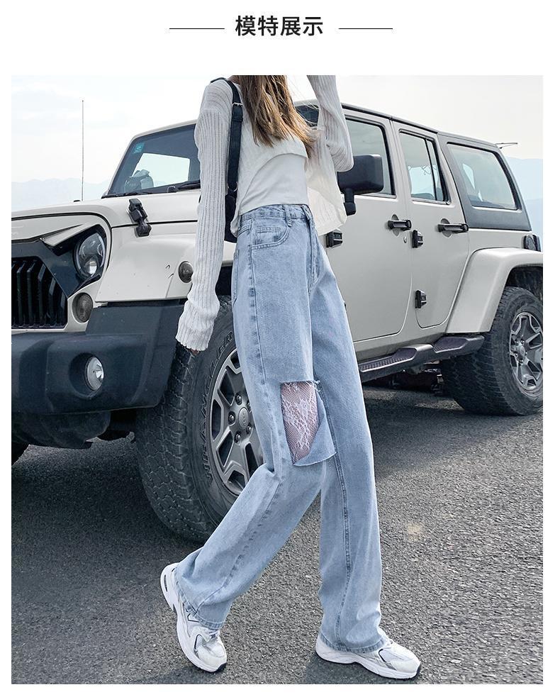 高腰垂感破洞牛仔裤女2021夏季学生宽松乞丐裤大码胖mm直筒阔腿潮详情6