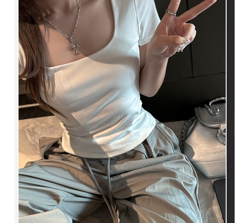 夏季纯棉方领辣妹正肩短袖t恤女式修身显瘦高级感韩系女装T恤上衣详情3