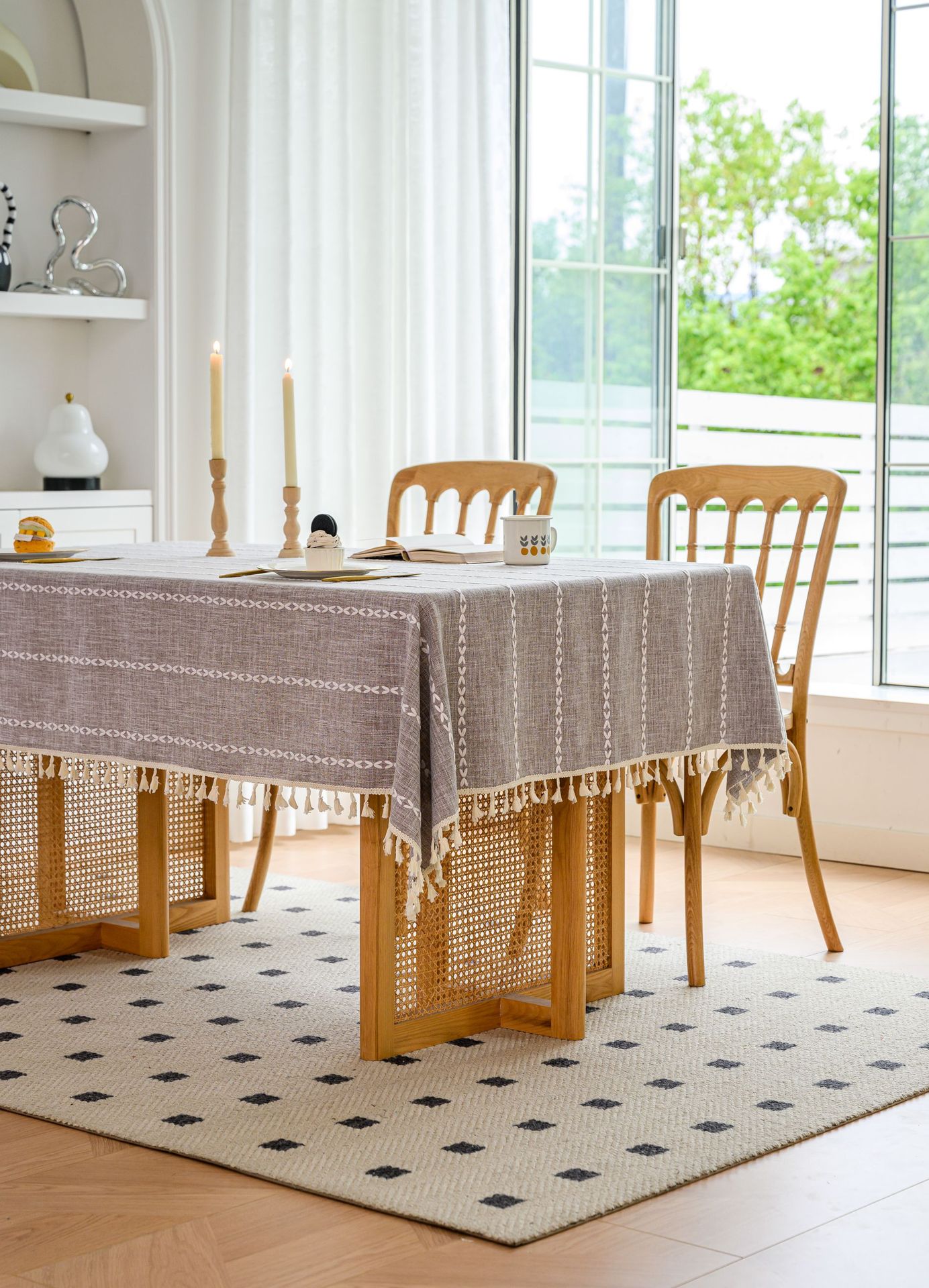 Cross-border three-dimensional embroidered striped tablecloth, popular black solid color, white cotton and linen tablecloth cover, fabric outdoor party pic 95