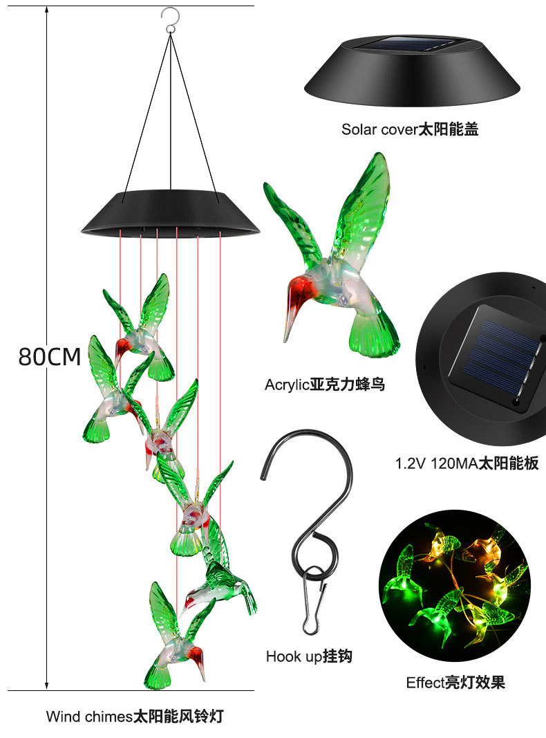 厂家直销太阳能风铃灯 蝴蝶蜻蜓蜂鸟吊饰灯 庭院景观灯详情2