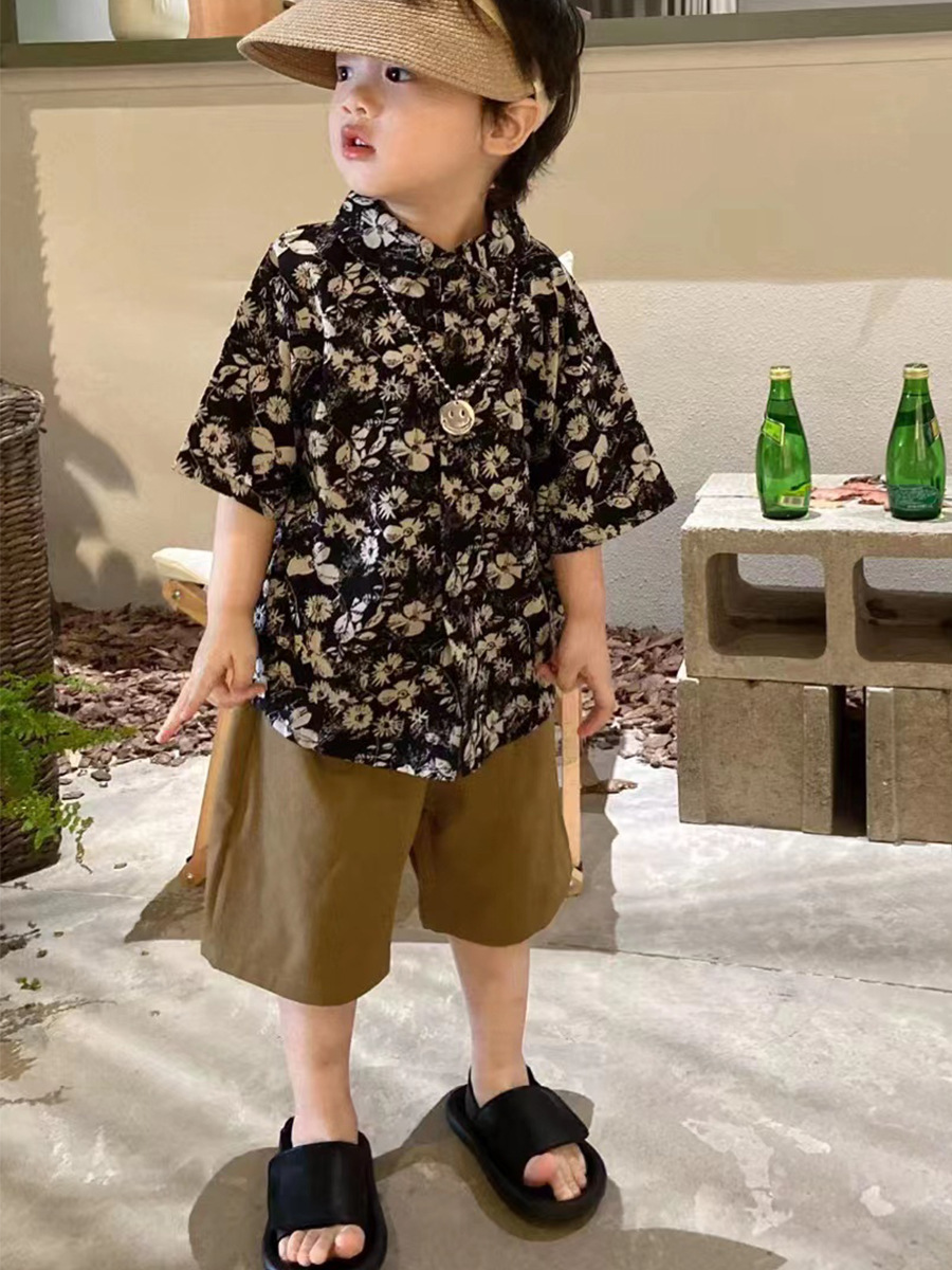 儿童夏装套装男童夏季新款童装女宝复古港风碎花短袖衬衫两件套潮详情8