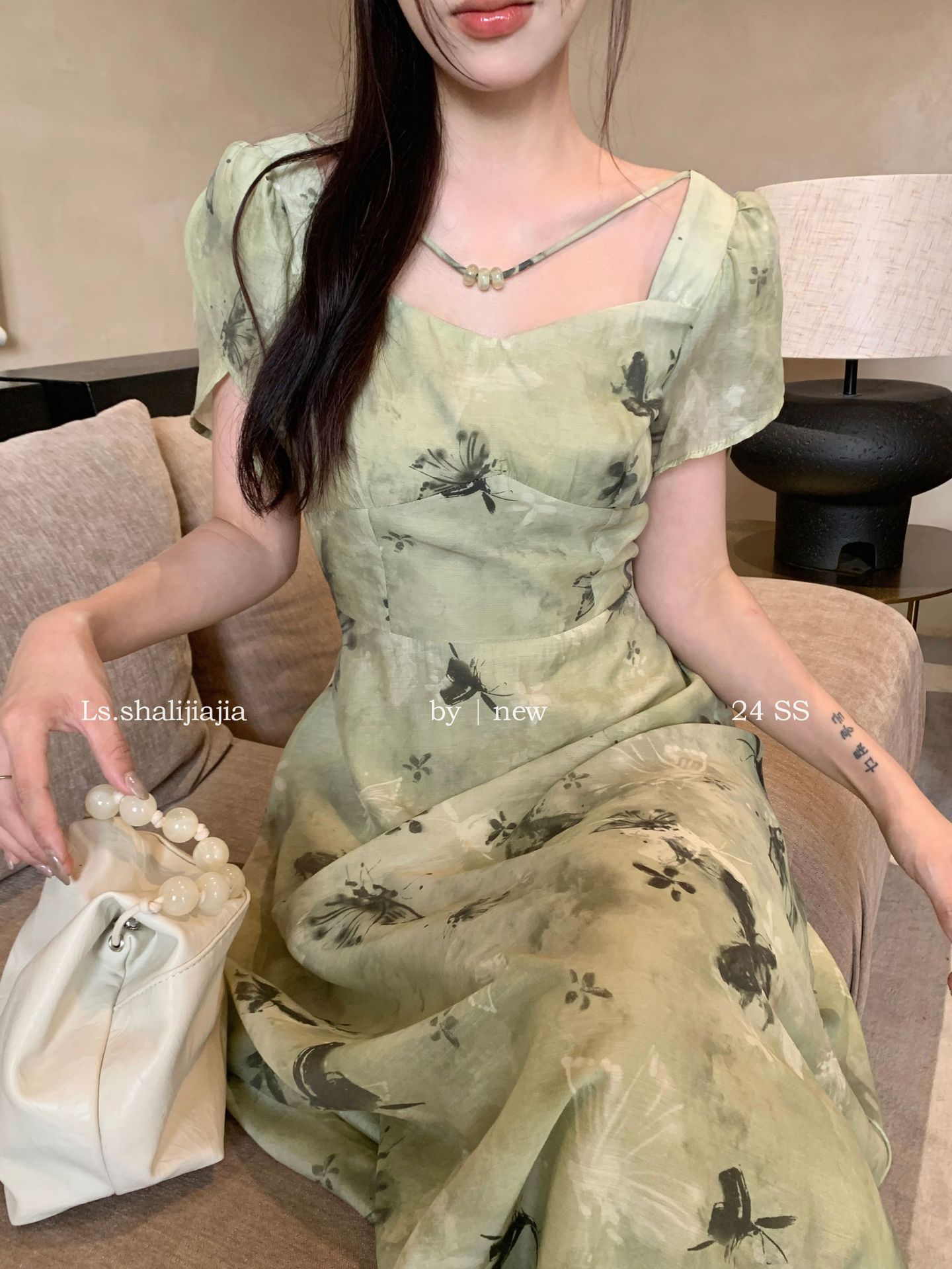LS广州十三行春夏2024新品女装碎花度假优雅修身方领连衣裙51250#详情20