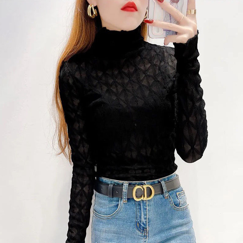 A new Korean-style slimming and sexy lace base layer with a black ear-trimmed high-neck and long-sleeved top for women pic 18