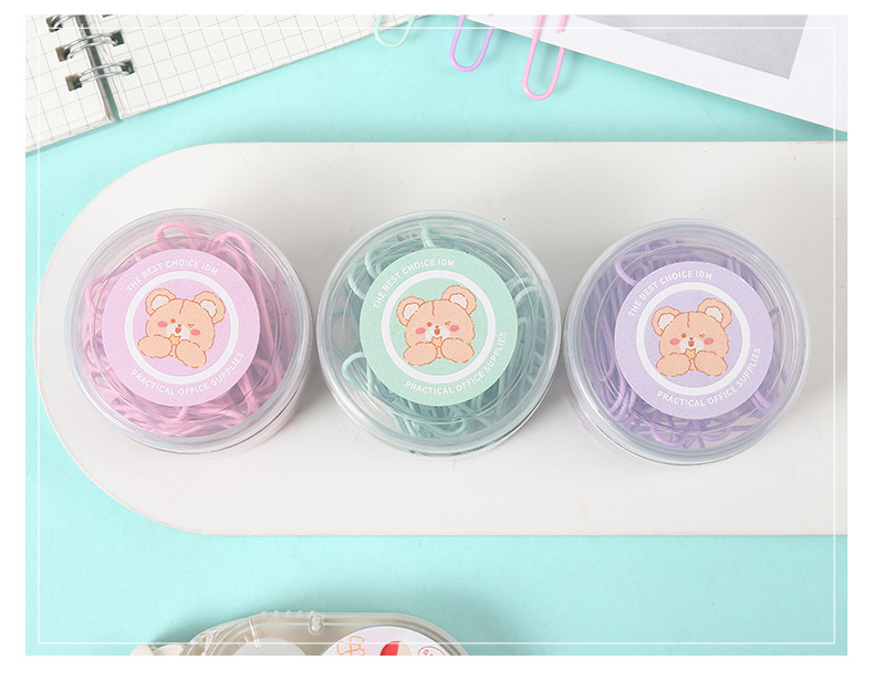 Cute little bear long tail clip paperclip binding combination bucket drawing pin rubber band office wholesale color metal ticket clip pic 14