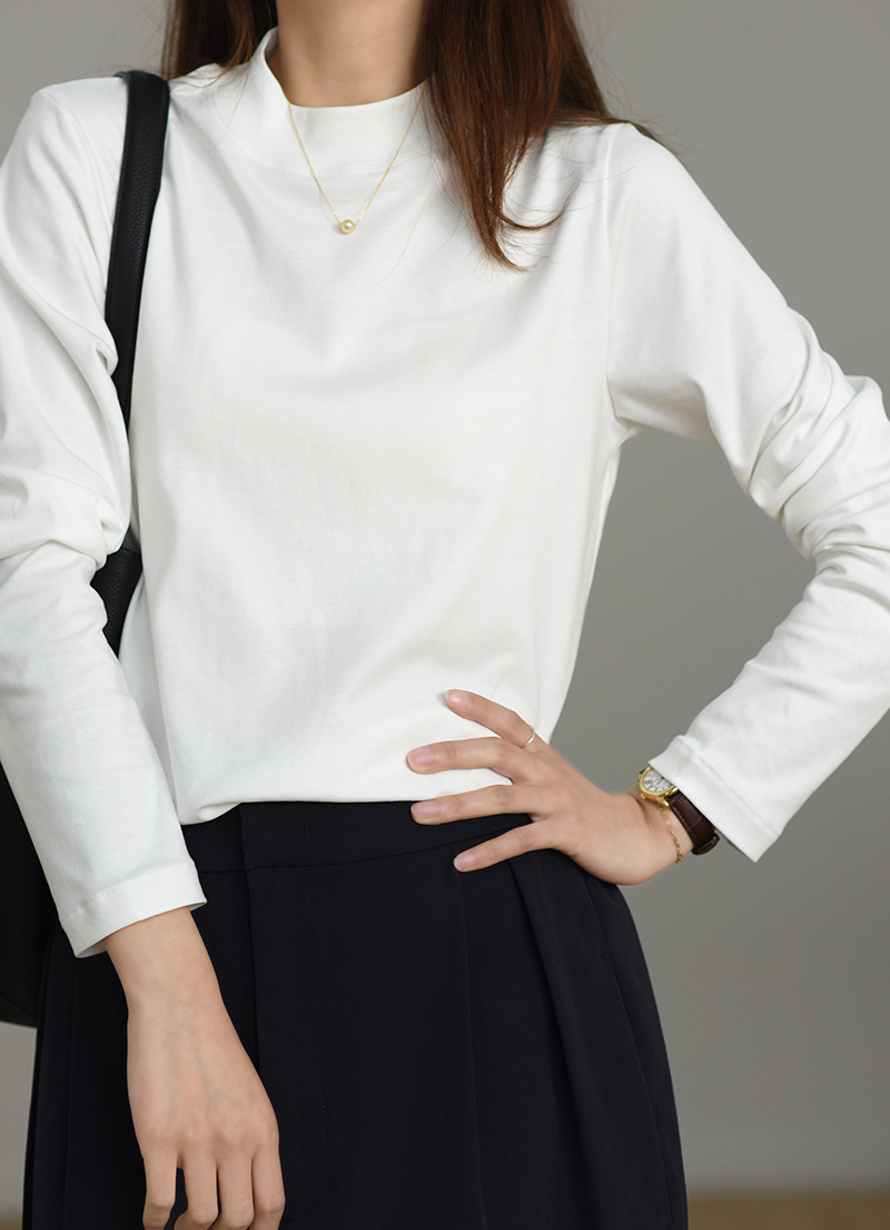 后中线设计纯棉长袖T恤女春秋中领宽松休闲内搭立领丝光棉打底衫详情11