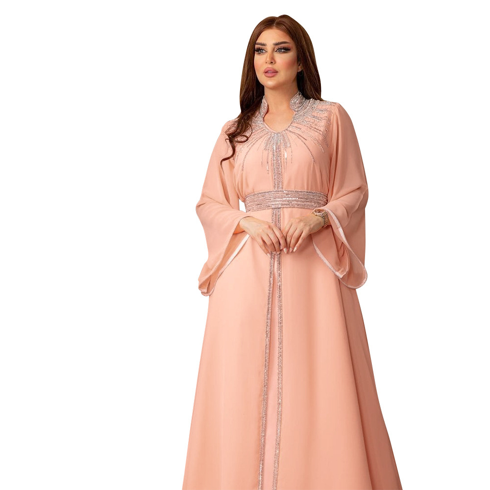 XQY500090 Foreign trade Arab robe, Middle East kaftan fashion Hot diamond belted chiffon dress pic 17