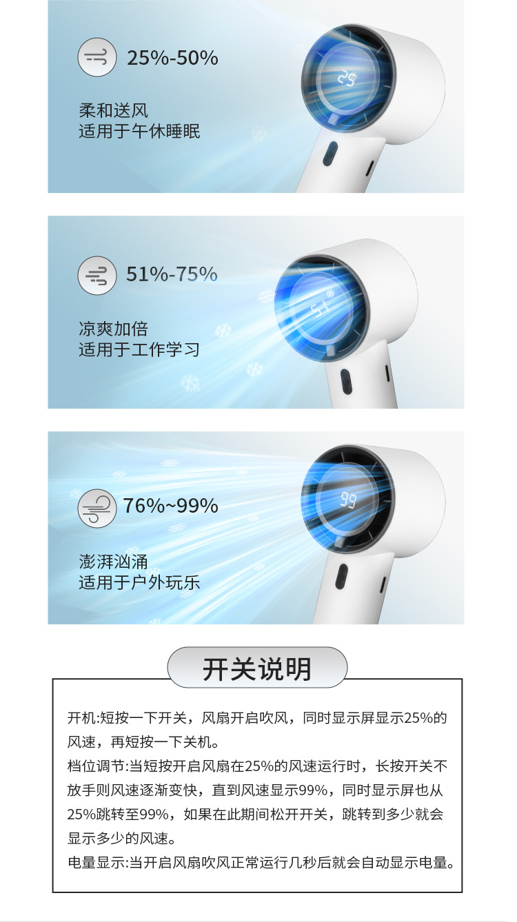 USB充电手持风扇涡轮数显手持小风扇USB充电迷你静音风扇大风力便携式电扇高速手持风扇详情8