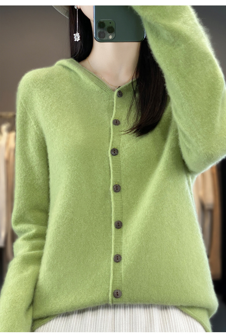 女士连帽100羊毛衫开衫百搭秋冬新款纯色一线成衣潮卫衣针织外套详情18