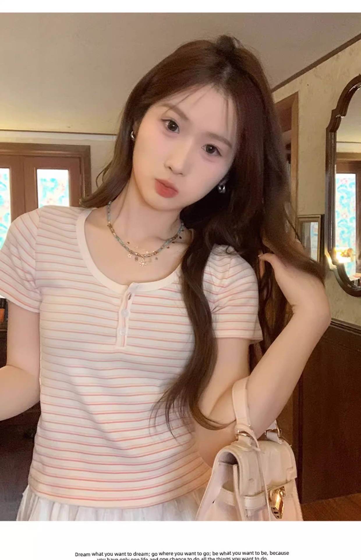 蓝白条纹短袖正肩女t恤春夏2025新款chic小众设计感修身短款上衣详情25