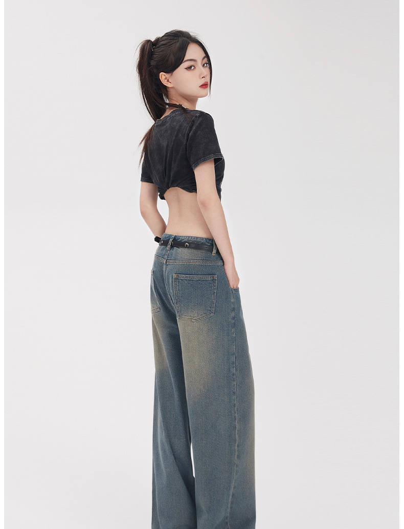 HEY+JEANS星空纹怀旧蓝牛仔裤女2023新款高腰宽松显瘦拼接阔腿裤详情15
