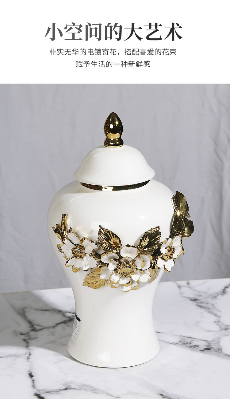New ceramic electroplated decal golden general jar, European-style flower arrangement vase, handicraft display item, decorative storage jar pic 2