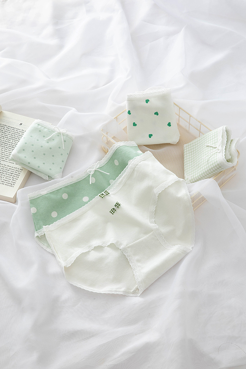 Japanese-style fresh and light polka dot print milkshake green girl underwear for women, pure cotton crotch mid-waist student briefs pic 46