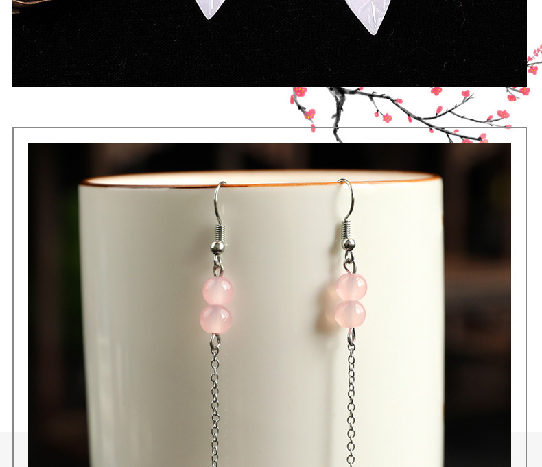 Ancient-style earrings, light pink, simple and fashionable, long tassel pendant leaf earrings, fresh and classical earrings pic 7