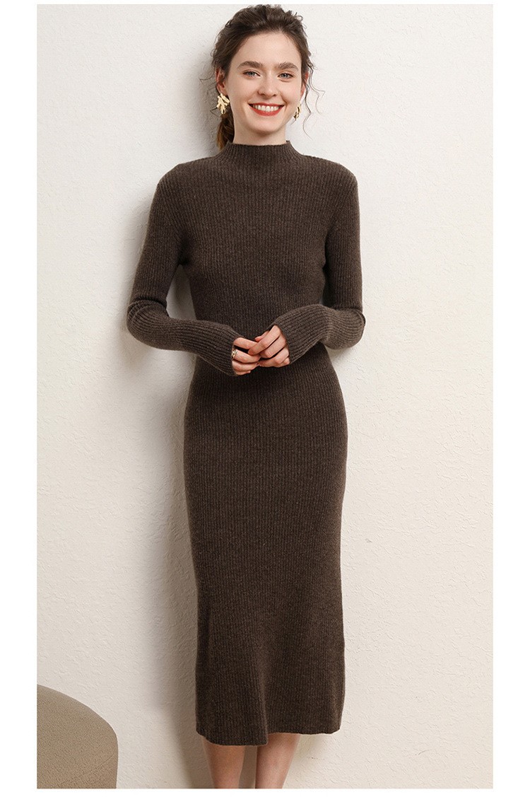 Early autumn semi-high-neck wool dress for women, mid-length sweater, knee-length cashmere knitted body-hugging skirt, long skirt as a base layer pic 30