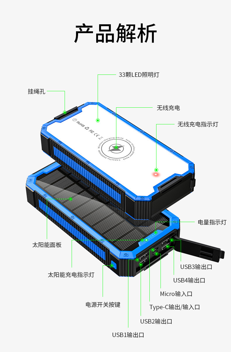 Outdoor mobile power bank, waterproof wireless solar power bank with flashlight, camping mountain climbing power bank factory pic 12