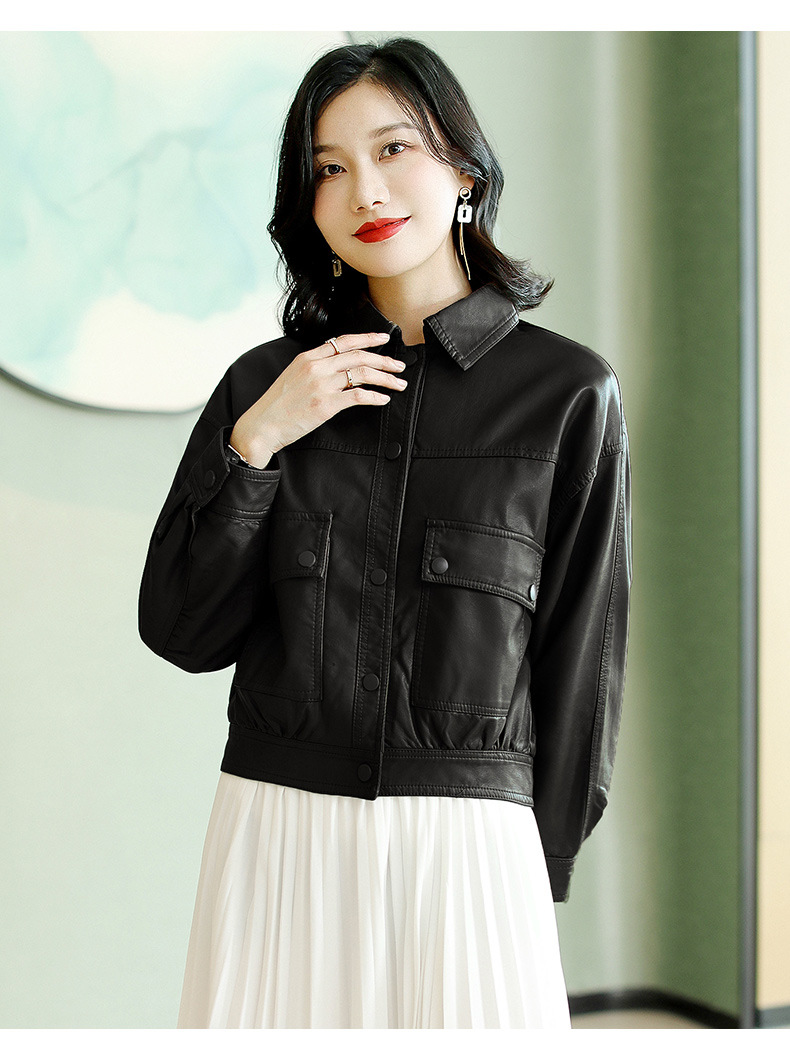 纯色单排扣PU皮衣女2022年春秋新款时尚韩版翻领长袖机车服外套详情20