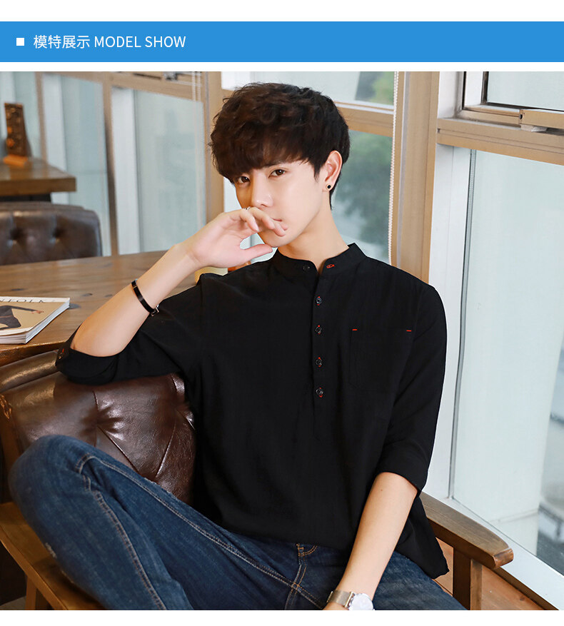 衬衫男士夏季韩版潮流帅气休闲百搭亚麻上衣七分短袖男装白色衬衣详情7