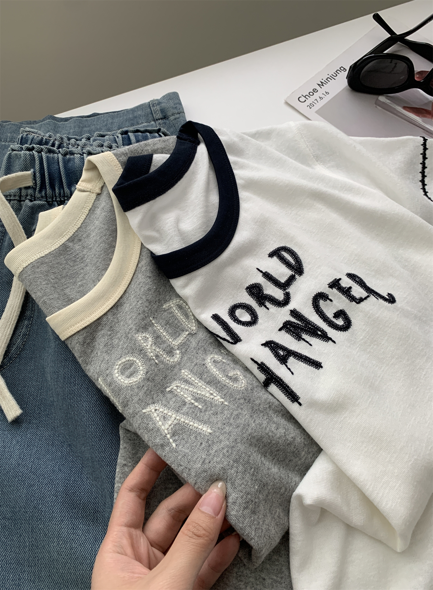 Summer thin, breathable snowflake cotton letter-shaped T-shirt for women, color-blocking round-neck lace embroidered loose short-sleeved top pic 17