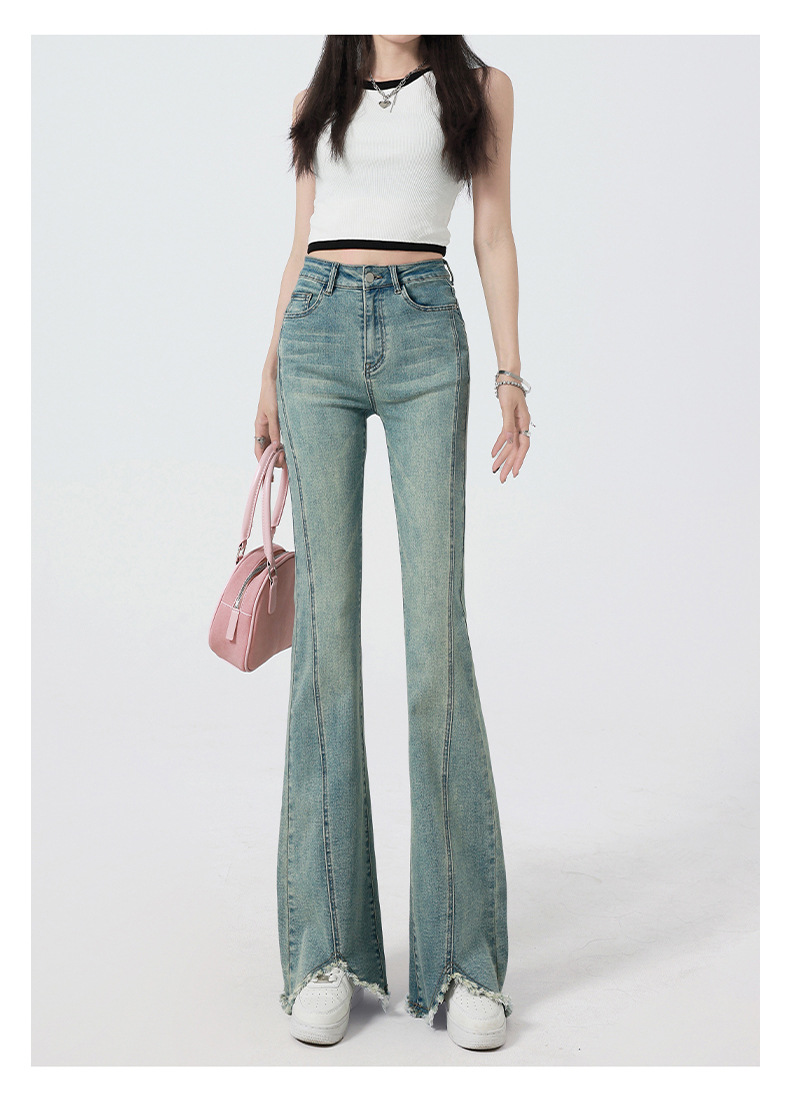 复古微喇叭牛仔裤女2024年春季新款高腰修身设计感显瘦毛边拖地裤详情7