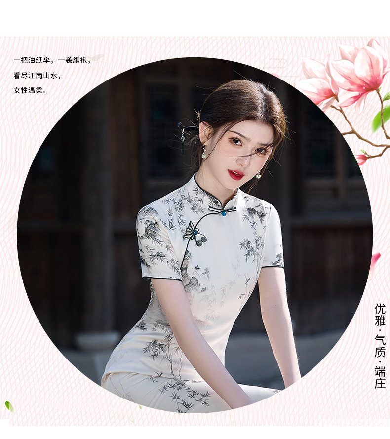 国潮国风水墨画长款醋酸双层改良2025新款年轻款少女复古修身详情11