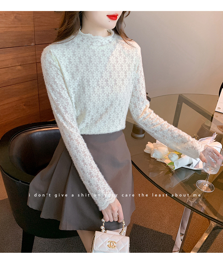 A stylish and youthful 2023 autumn collection, paired with a semi-high-neck top, long-sleeved small stand-up collar, and a youthful lace base layer for women pic 15