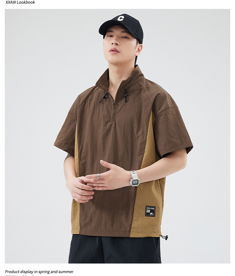 美式工装短袖t恤男士夏季大码潮牌立领拉链体恤半袖男详情10