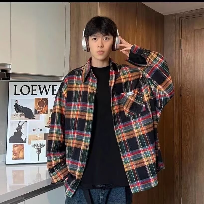 美式春秋季日系长袖格子衬衫男士韩版潮流ins网红休闲款衬衣外套详情22