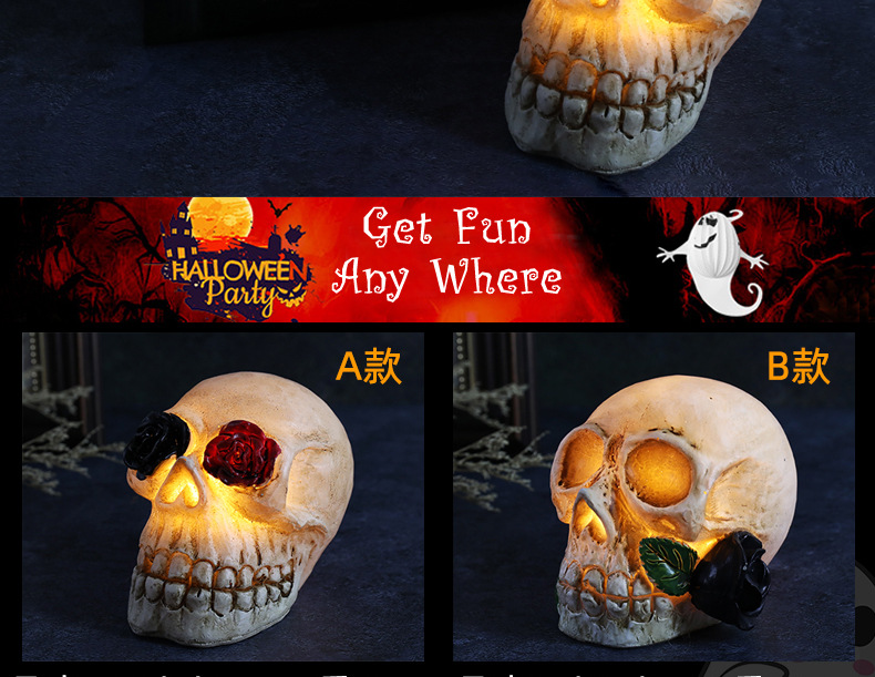 跨境新款万圣节发光树脂骷髅头LED恐怖骷髅装扮道具万圣节装饰品详情4