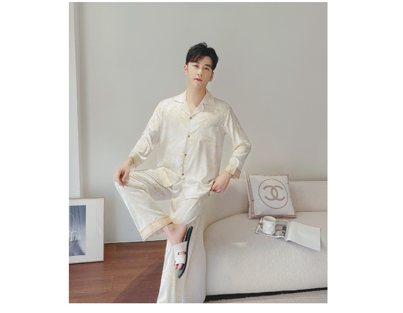 2023春季新款情侣睡衣女印花冰丝长袖长裤套装可外穿男士家居服夏详情6