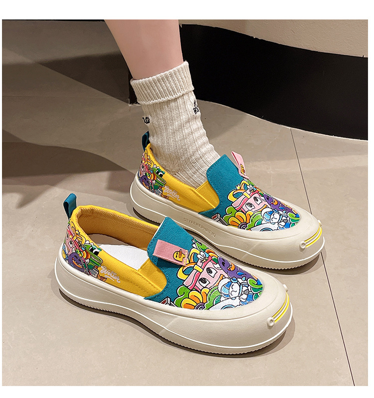 可爱卡通懒人一脚蹬厚底透气帆布鞋女涂鸦2024春秋新款休闲鞋批发详情7