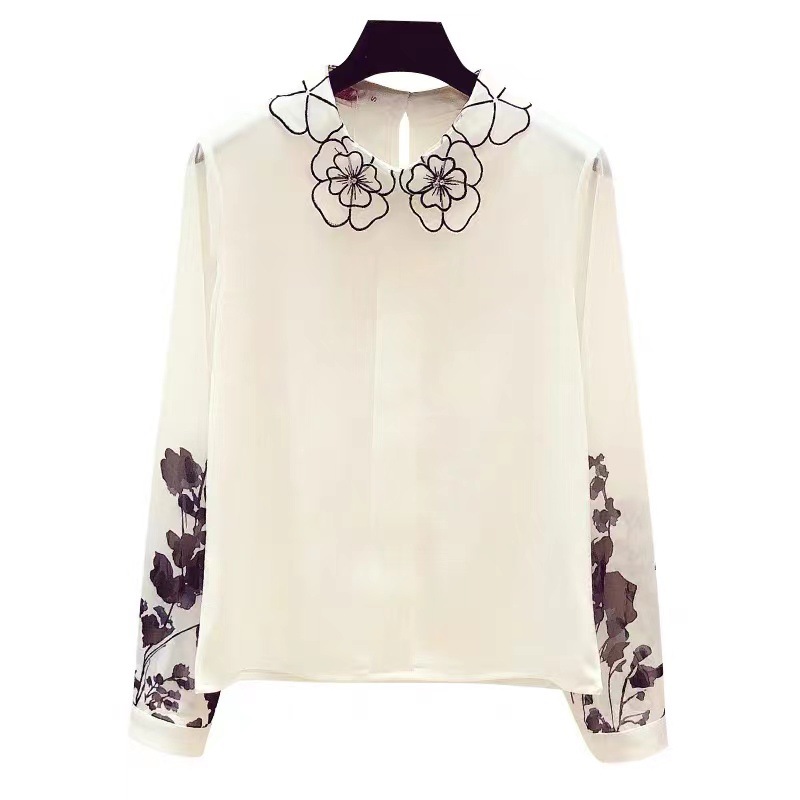 2023 Spring and Autumn New Hong Kong-style retro printed color-blocking long-sleeved chiffon shirt, a unique design for women pic 5