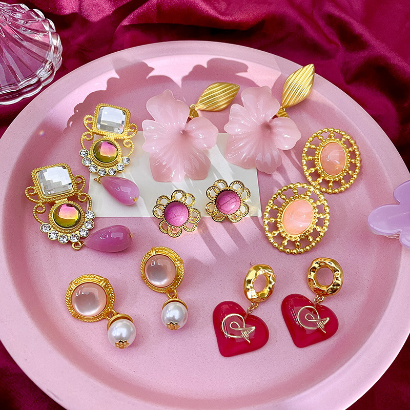 法式复古少女耳钉气质中古vintage粉色小众设计感耳环女复古耳饰详情4