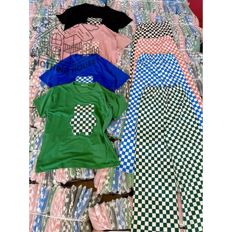 Cross-border bestseller fashion set: New loose student embroidered bear checkered wide-leg pants, casual two-piece summer pic 7