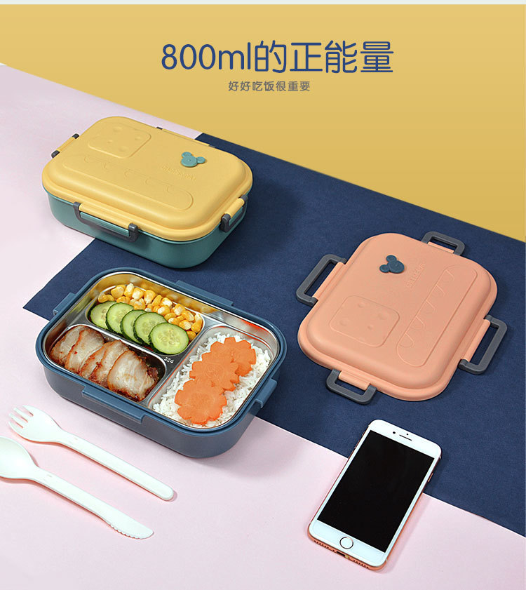 创意新款304不锈钢四扣学生饭盒上班族 三明治保温便当盒带盖套装详情7