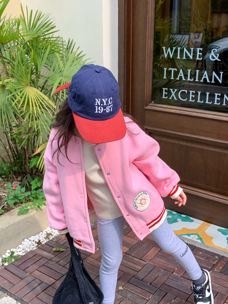 TCkids2022AW Autumn/Winter Edition fleece thickened embroidered label pink baseball jacket pic 11