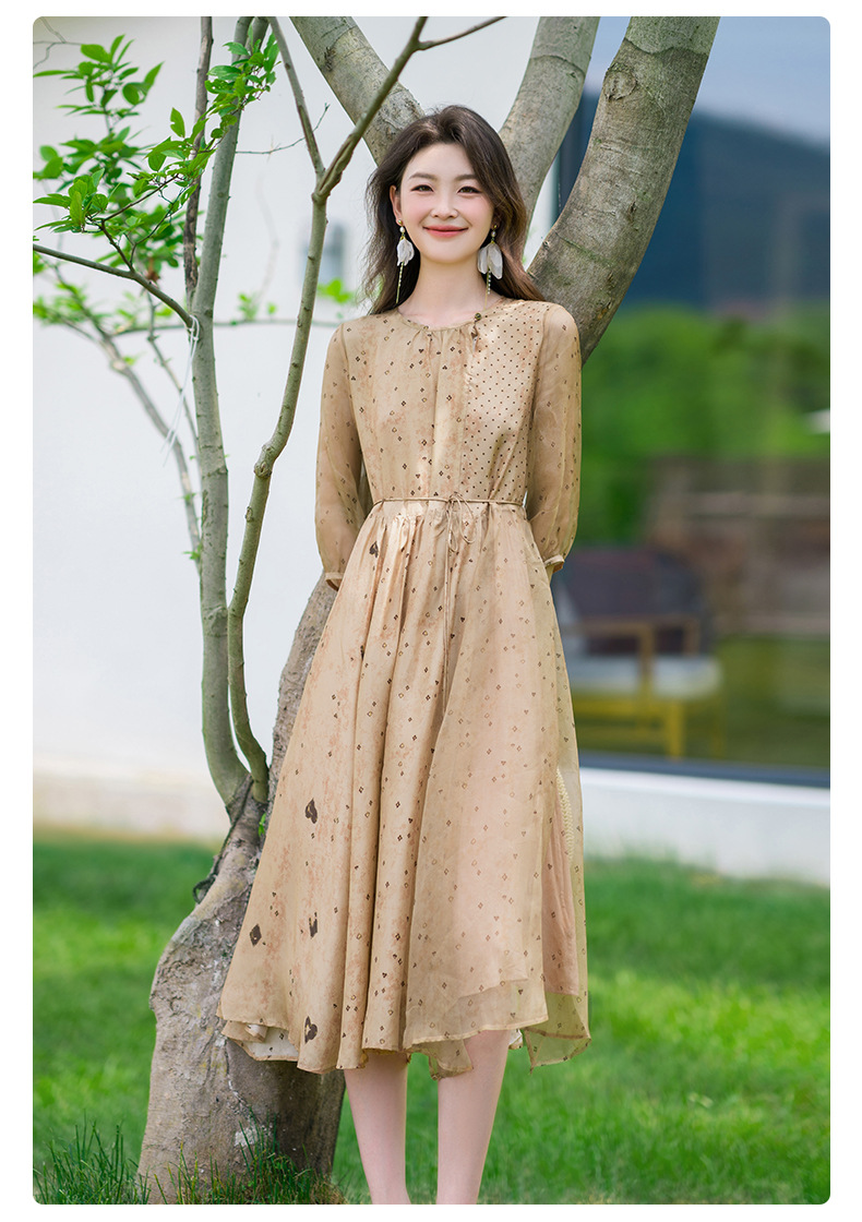 荣太设计师定染黑桃印花真丝连衣裙女拼接欧根纱桑蚕丝裙子系带详情24