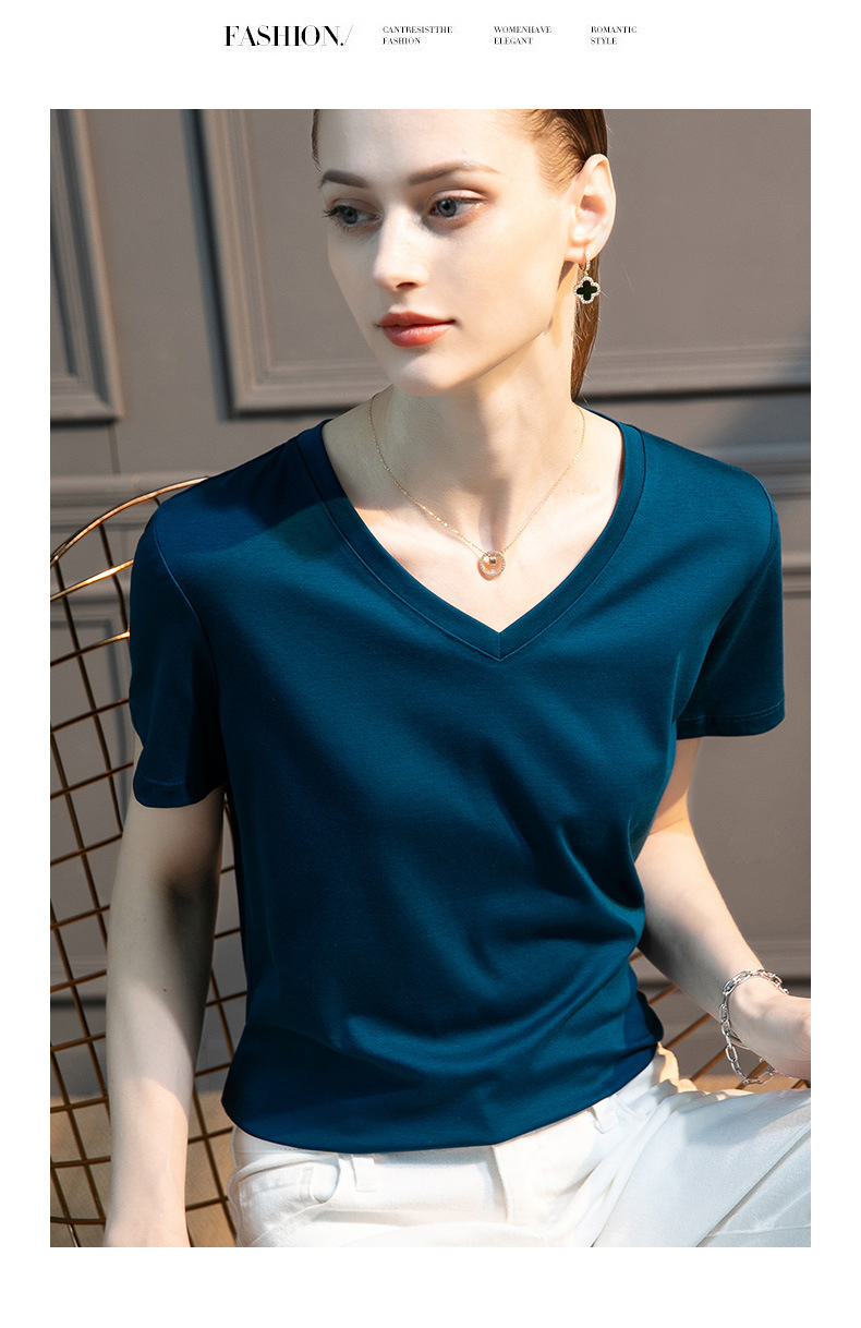 High-count 80-count double-sided mercerized cotton short-sleeved white T-shirt for women in summer, loose round-neck V-neck, versatile T-shirt, 1688 pic 40