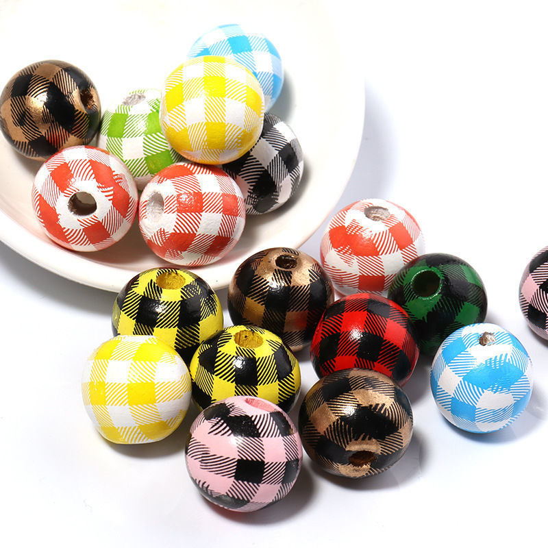 千鸟格木珠DIY挂饰装饰串珠彩色格子木珠配件条纹印花带孔木珠详情11