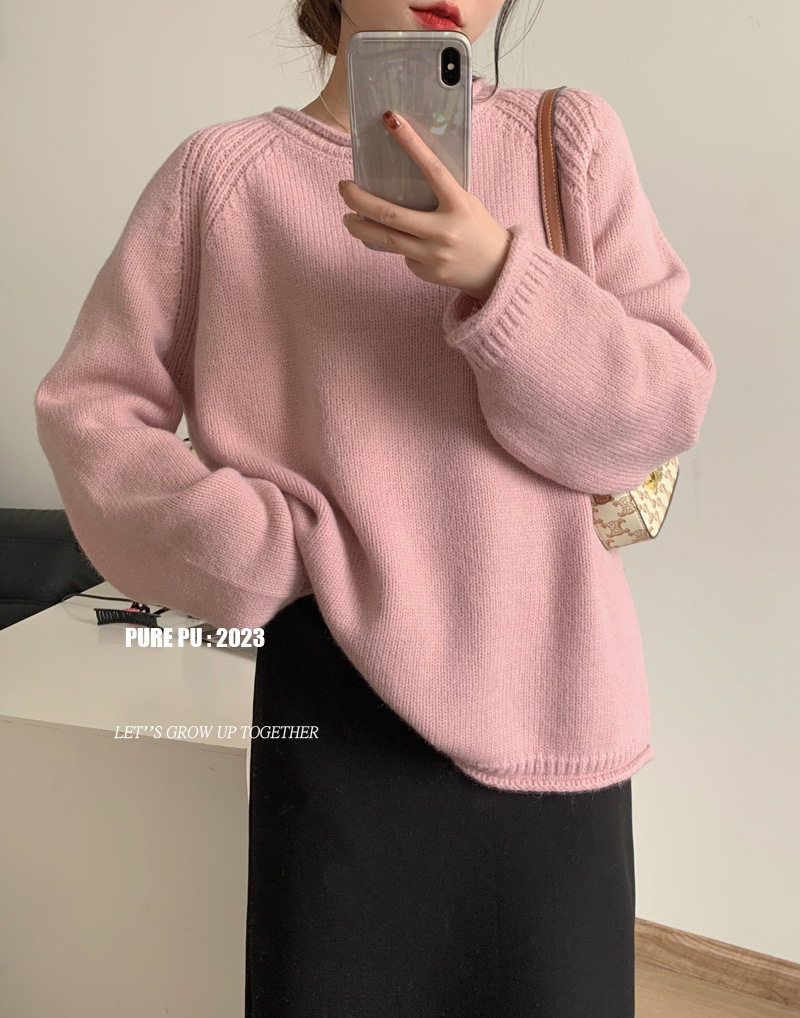 Korean-style puffed solid color pullover sweater for women, gentle and loose knitted top, versatile, laid-back style, fashionable and soft sweater pic 6