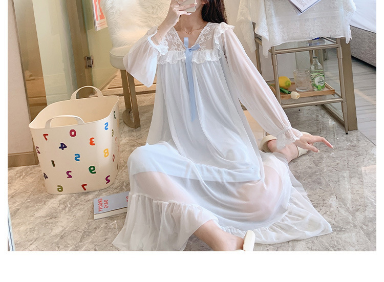 人气公主风睡裙女长袖网纱性感连衣裙长袖宫廷休闲纯棉睡衣睡裙秋详情12