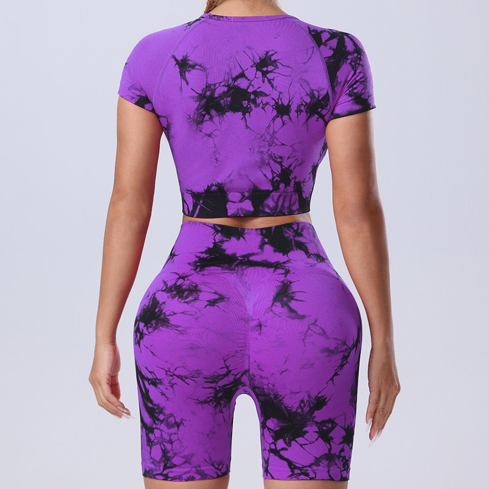 欧美跨境新品扎染瑜伽服套装提臀速干运动健身扎染短袖短裤两件套详情25