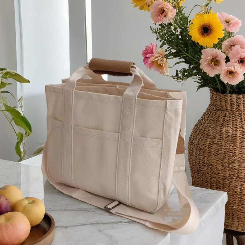 跨境多分格母婴帆布妈咪包外出帆布包手提斜款包简约托特包详情1
