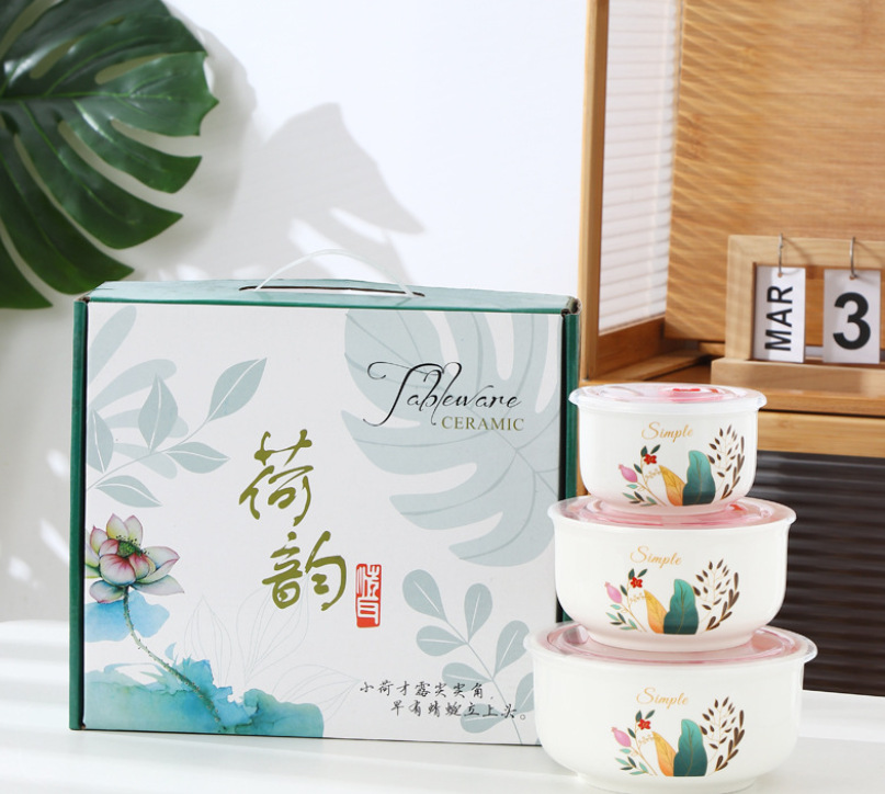 Three-piece ceramic fresh-keeping bowl set pic 5