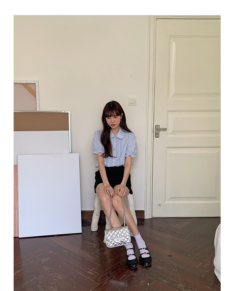 【歌铭】法式复古蕾丝娃娃领减龄衬衫女装夏季新款短袖开衫Y1417F详情22
