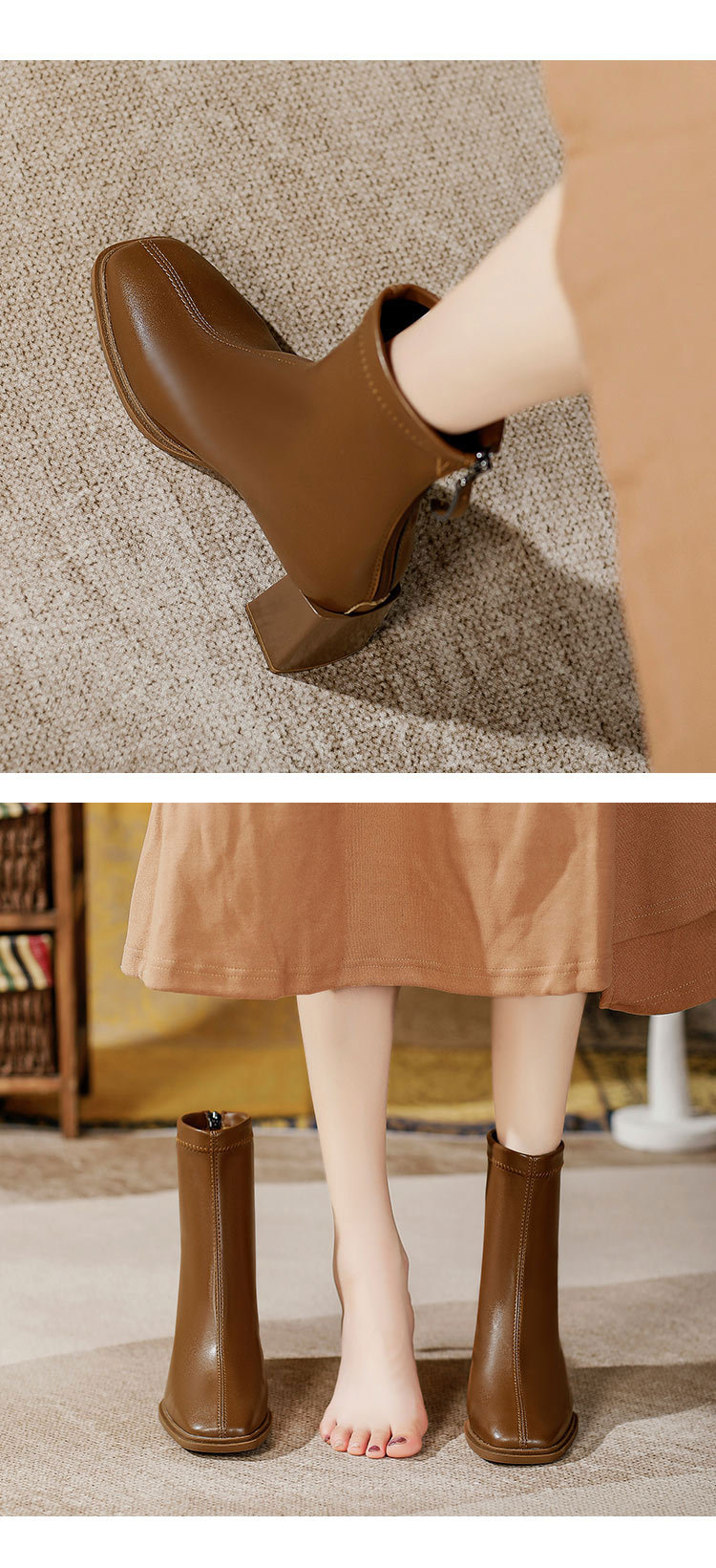 法式高跟短靴2023年新款粗跟时装靴子软皮白色春秋单靴方头瘦瘦靴详情5