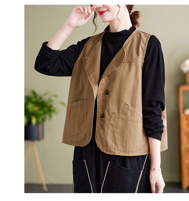 实拍2023年气质百搭小马甲女士春季新品单排扣宽松显瘦无袖马夹详情15