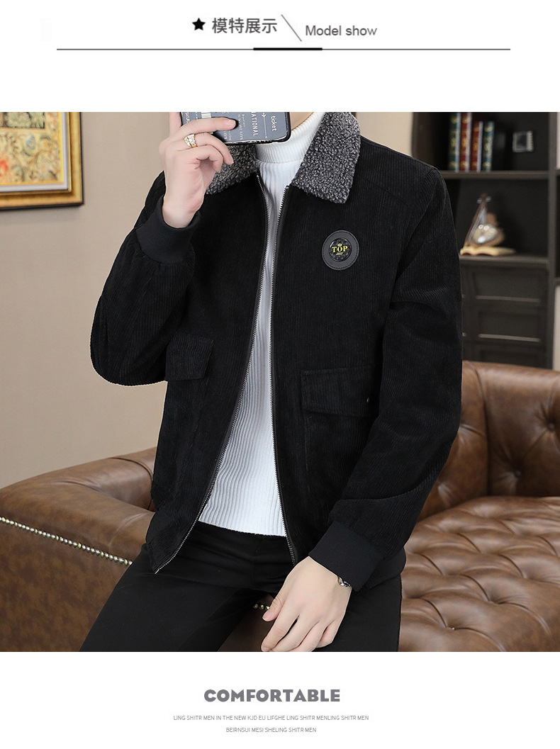Corduroy jacket for men's winter, loose baseball jacket with lapel, fleece and thickened casual work jacket pic 32
