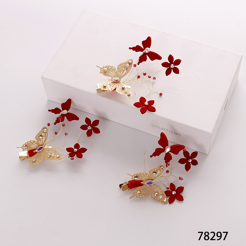 New large red hair clips from Japan and South Korea, Chinese-style bride headwear, wedding toasting attire, with diamond-encrusted butterfly-shaped clip accessories at the side pic 17